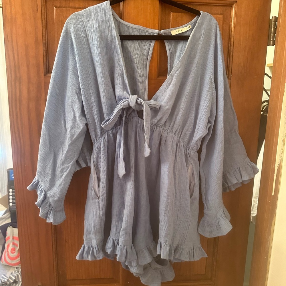 Blue Ruffled Tie-Front Blouse